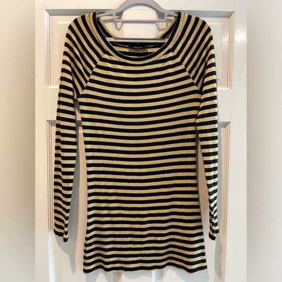 Express Stretch Bodycon Long Sleeve Scoop Neck Knit Tunic‎ Black & Gold Medium - Picture 2 of 8